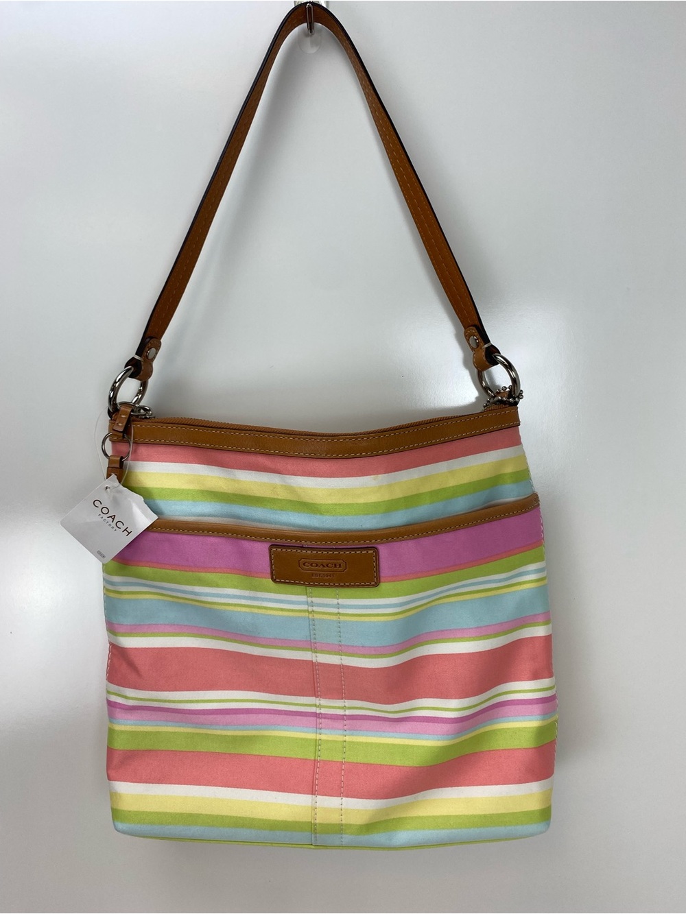 Coach Pastel Multicolor Striped Shoulder Bag with Tan Trim